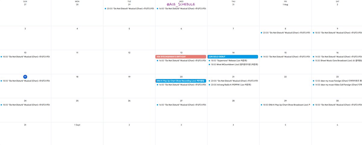 ACE_SCHEDULE's tweet photo. 2025: 08

A.C.E 💖 SUB 💙

+ 08 "Do Not Disturb" Musical (Chan) <두낫디스터브> 뮤지컬 (강유찬)
+ 08.21 Arirang Radio K-POPPIN' (Jun 박준희)
+ 08.23 dear my muse Fansign 디어마이뮤즈 팬사인회, Video Call Fansign 영상통화 팬사인회 (Chan 강유찬)

[#ACE]
[#에이스] https://t.co/vzh2C1CBHR