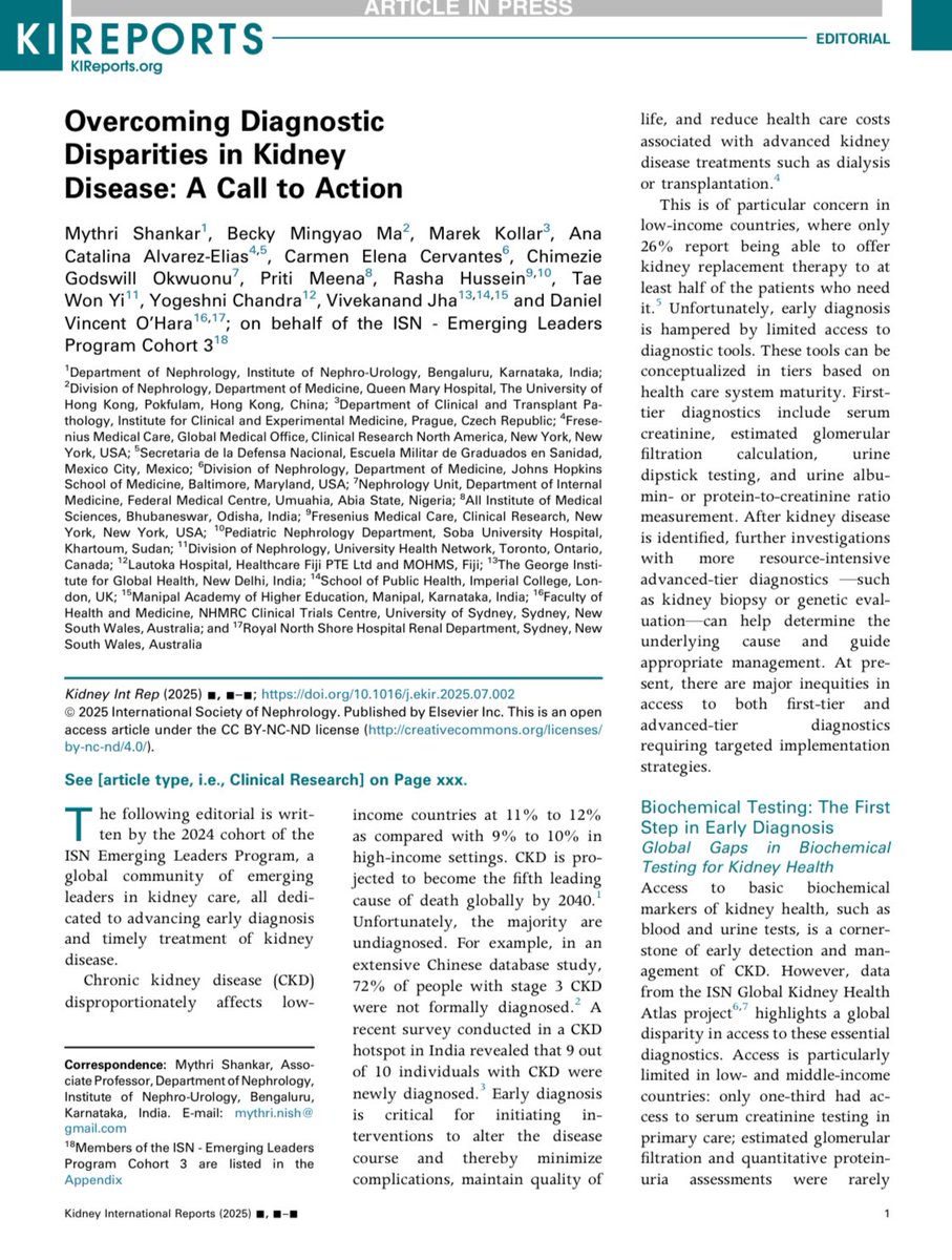 Glad to be a part of this editorial by #ISN_ELP  International Society of Nephrology- Emerging Leaders Cohort 3 in <a href="/KIReports/">KIReports</a> - it highlights global disparities in CKD diagnostics. From limited access to testing and biopsies to gaps in genetic evaluation, the authors propose a
