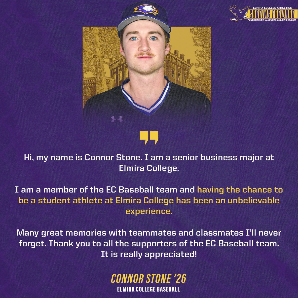 ECSoaringEagles's tweet photo. Day 6️⃣ of Soaring Forward and YOU can help Elmira College Baseball hit their $15,000 goal in the Soaring Forward Fundraising Challenge! 🦅⚾️

Every gift counts towards their success on &amp; off the field.

Give today → Link on our bio

#SoaringForward https://t.co/05Q1G8lEEi