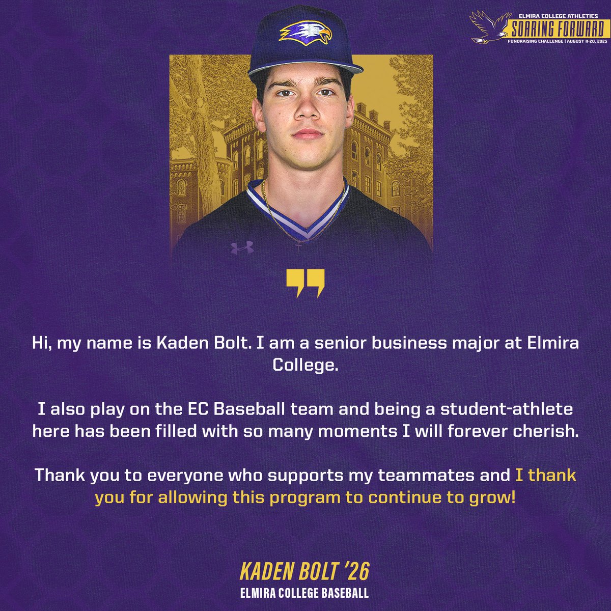 ECSoaringEagles's tweet photo. Day 6️⃣ of Soaring Forward and YOU can help Elmira College Baseball hit their $15,000 goal in the Soaring Forward Fundraising Challenge! 🦅⚾️

Every gift counts towards their success on &amp; off the field.

Give today → Link on our bio

#SoaringForward https://t.co/05Q1G8lEEi