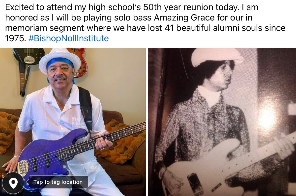 LifeIntheRegion's tweet photo. The reunion committee asked my big brother to play during the In Memoriam segment at his 50th class reunion tonight. 💙💛🙏🏼 #Warriors4Life #Basslife #Memories #BishopNoll #ClassOf75 https://t.co/llP7jL0HHe