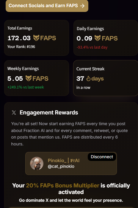 cat_pinokio's tweet photo. 37 days streak strong and stacking 🚀🔥 Earned 172+ $FAPS and climbing with @FractionAI_xyz .
Every post, comment, and retweet fuels the future of AI x Web3 — and the rewards keep coming.
This isn’t just engagement, it’s ownership. ⚡
#FAPS #FractionA https://t.co/WKA3kTV14x