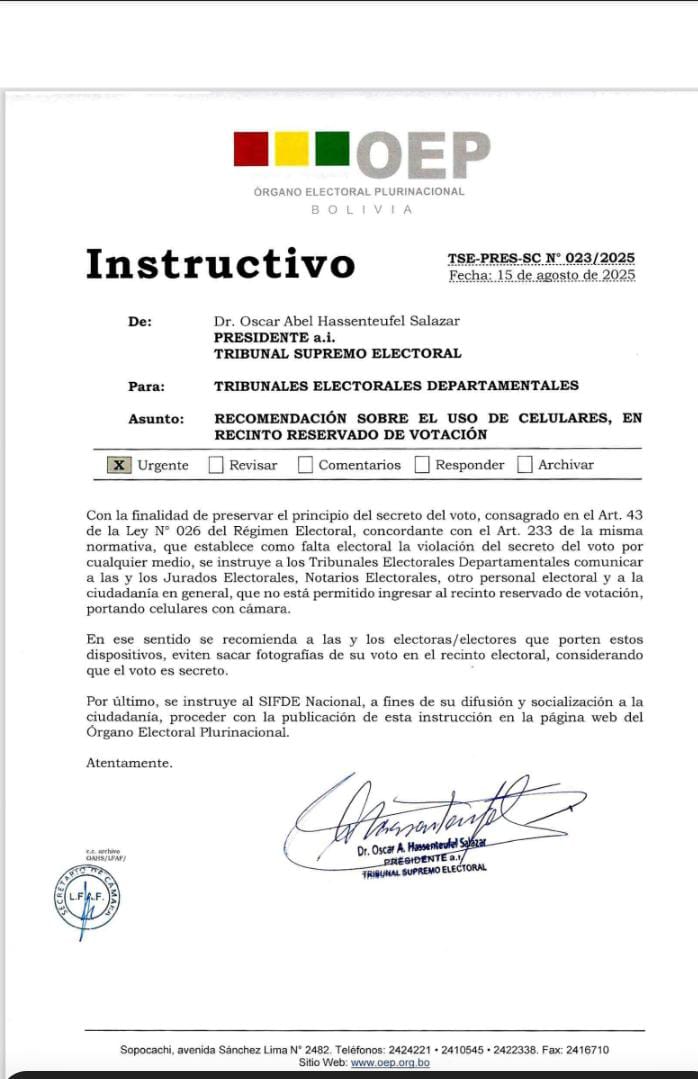 🔵 #GrupoFides | #ANF #Último El TSE dice que “no está permitido” ingresar con celulares al recinto de votación y tomar fotos de la papeleta, en resguardo del secreto del voto. La instrucción fue remitida a los tribunales departamentales, jurados y ciudadanía en general.