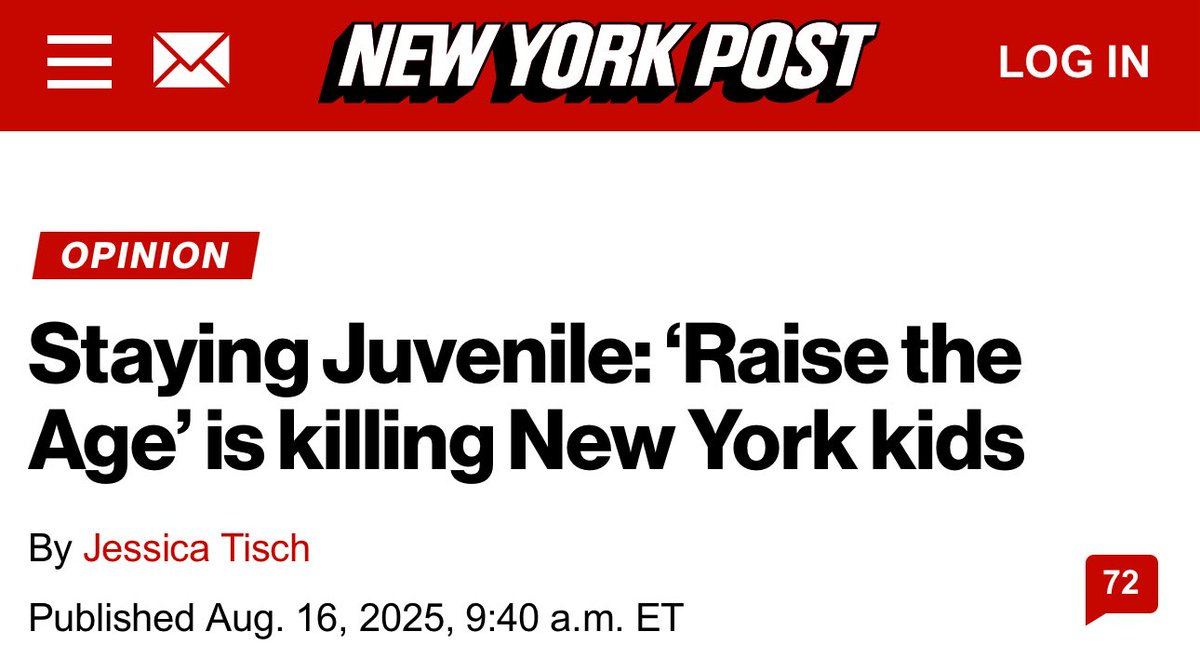 The Executive Perspective Podcast (@execperspective) on Twitter photo This opinion piece by <a href="/NYPDPC/">Jessica S. Tisch</a> highlights the impact of the Raise the Age legislation on juvenile crime in New York City. It emphasizes the disproportionate increase in juvenile crime rates. Immediate legislative action is necessary to turn the tide.
nypost.com/2025/08/16/opi… This opinion piece by <a href="/NYPDPC/">Jessica S. Tisch</a> highlights the impact of the Raise the Age legislation on juvenile crime in New York City. It emphasizes the disproportionate increase in juvenile crime rates. Immediate legislative action is necessary to turn the tide.
nypost.com/2025/08/16/opi…