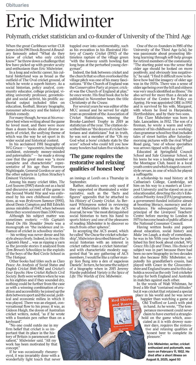 Scottish Cricket Past Present and Future (@scottycricket) on Twitter photo <a href="/ACScricket/">Association of Cricket Statisticians & Historians</a> Eric Midwinter Obituary π
In <a href="/thetimes/">The Times and The Sunday Times</a> today <a href="/ACScricket/">Association of Cricket Statisticians & Historians</a> Eric Midwinter Obituary π
In <a href="/thetimes/">The Times and The Sunday Times</a> today