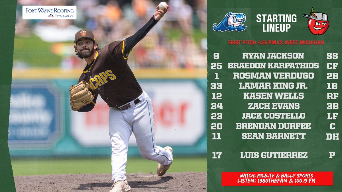 'Caps Against Cancer night at Parkview Field      

🆚  @WMWhitecaps  (Tigers Affiliate)      
📍  Parkview Field      
🕐  6:35
📻  <a href="/1380thefan/">1380 The Fan</a> &amp; 100.9 FM | TinCaps.com/Broadcasts 
📺  <a href="/Bally__Sports/">Bally Sports Live</a>🆓 | MLB.TV