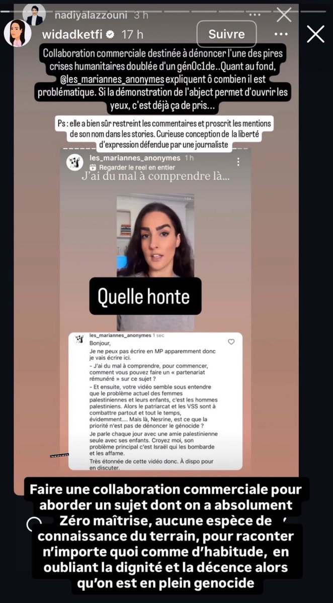 Ce qui me choque le plus dans l’affaire Nesrine Slaoui, c’est même pas la collaboration commerciale (même si j’avoue 😮‍💨)
Le pire c’est que tu fais un truc qui sert directement la propagande sioniste. Que tu es pile poil là où ils t’attendent
Et que pour elle c’est ok