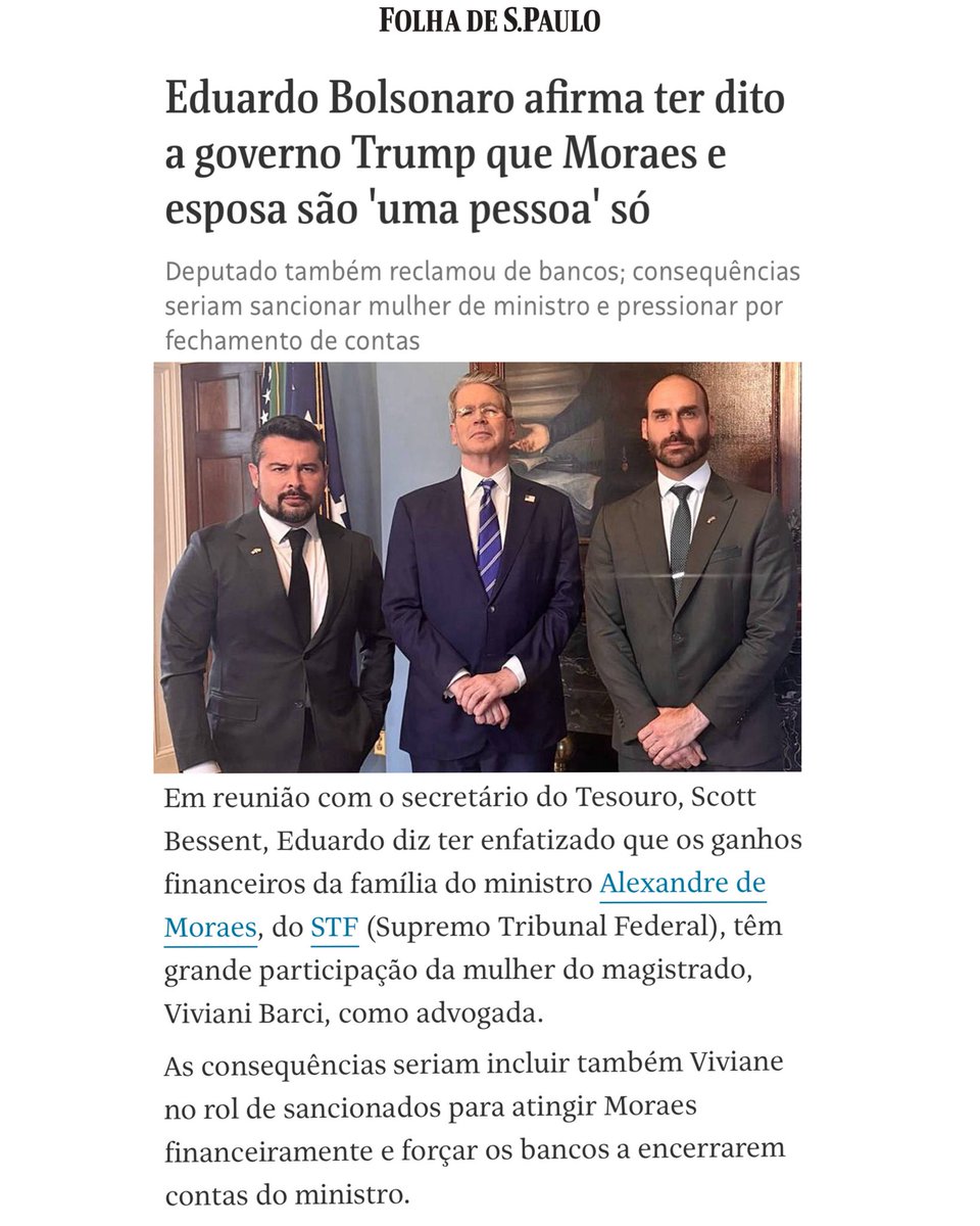 Eduardo Bolsonaro🇧🇷 (@bolsonarosp) on Twitter photo Não faz sentido sancionar Moraes e não estender à sua esposa também, já que a intenção da Lei Magnitsky é fazer pressão através de ação financeira.
*Com <a href="/SecScottBessent/">Treasury Secretary Scott Bessent</a> <a href="/pfigueiredo08/">Paulo Figueiredo (8)</a> Não faz sentido sancionar Moraes e não estender à sua esposa também, já que a intenção da Lei Magnitsky é fazer pressão através de ação financeira.
*Com <a href="/SecScottBessent/">Treasury Secretary Scott Bessent</a> <a href="/pfigueiredo08/">Paulo Figueiredo (8)</a>