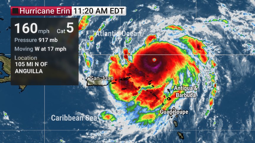 🚨 BREAKING: Hurricane Erin has exploded into a monster Category 5 beast — packing 160 mph sustained winds and tearing across the Atlantic with unstoppable force. This is the most dangerous stage of the storm, capable of catastrophic damage. Stay alert, stay safe, and stay