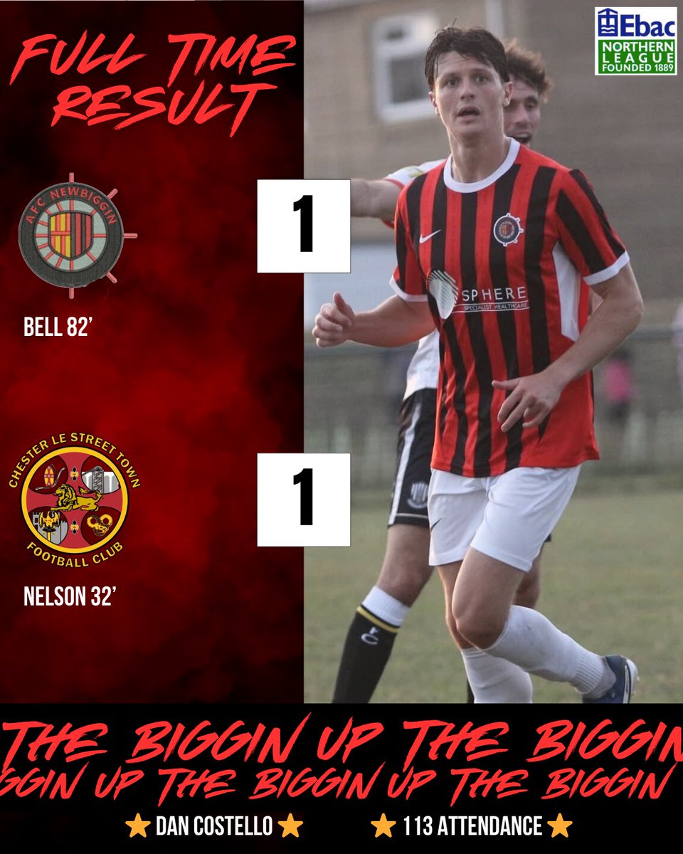 AFCNewbiggin's tweet photo. 💥 BELL SECURES POINT ON THE ROAD

A rough start for both teams not being able to get going until the half hour mark

A late barrage in the last thirty was enough for The Biggin to secure a late equaliser to keep their unbeaten away form intact

#UpTheBiggin
#UTB
❤️🖤 https://t.co/EhTVWn2yff