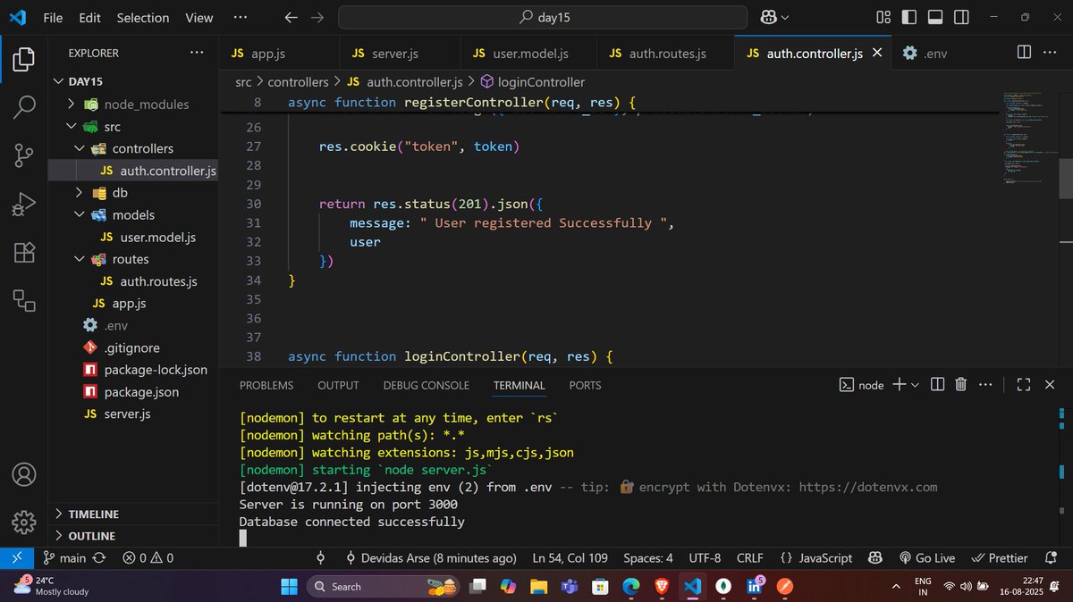 devidasarse25's tweet photo. 📅 Day 2 — Insta Lite + AI 🚀
✅ Password hashing (bcryptjs) 🔐
✅ APIs structured into controllers
✅ Learned clean code > messy code
Next: JWT route protection + media upload 📸
Mentors: Ankur Prajapati &amp; Harsh Sharma 🙌
#BuildInPublic #BackendDev #AI https://t.co/C0VzFMLHOR