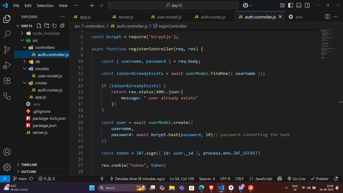 devidasarse25's tweet photo. 📅 Day 2 — Insta Lite + AI 🚀
✅ Password hashing (bcryptjs) 🔐
✅ APIs structured into controllers
✅ Learned clean code > messy code
Next: JWT route protection + media upload 📸
Mentors: Ankur Prajapati &amp; Harsh Sharma 🙌
#BuildInPublic #BackendDev #AI https://t.co/C0VzFMLHOR