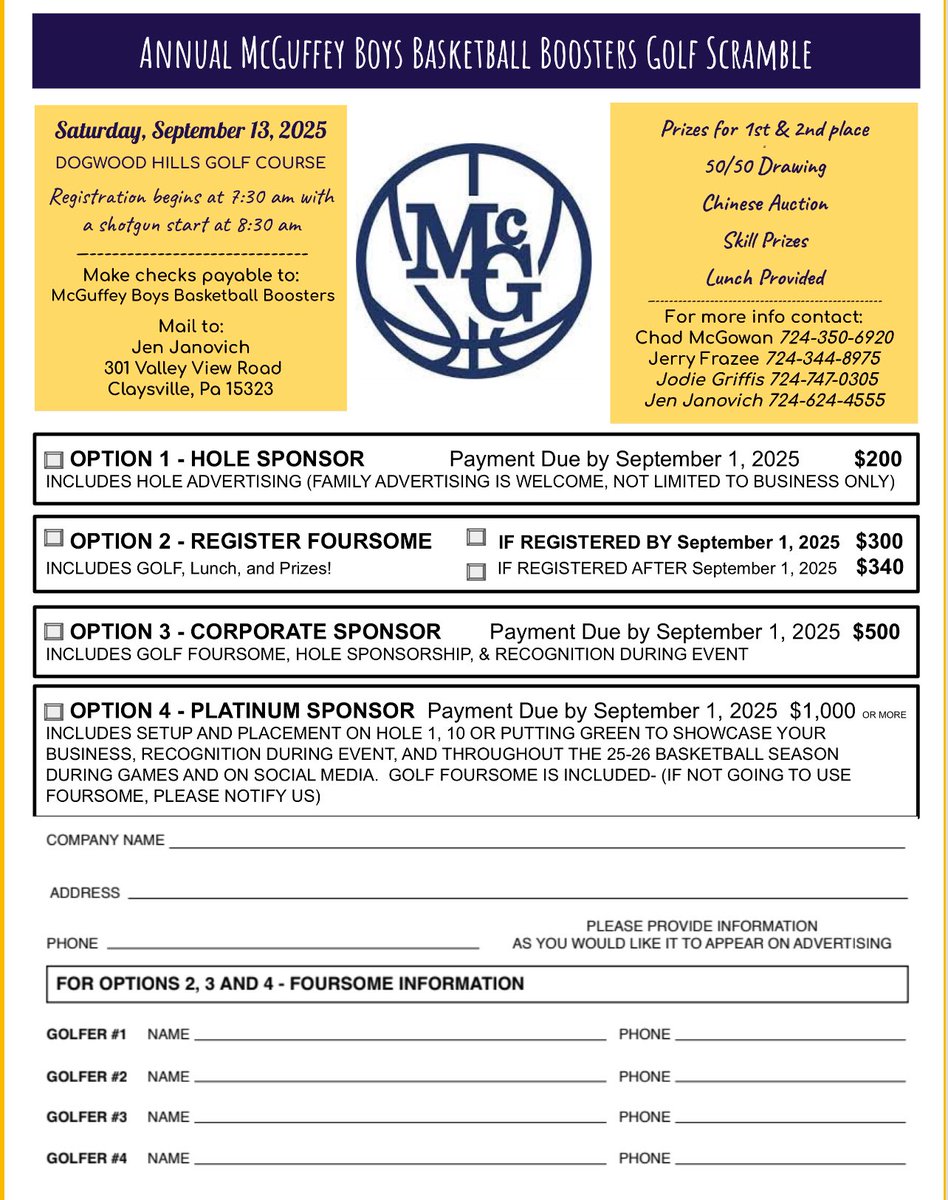 Our annual golf outing is four weeks away! We still have room to enter a foursome or sponsor a hole. Contact Coach Fatigante or any booster member for questions. Hope to see everyone back this year!