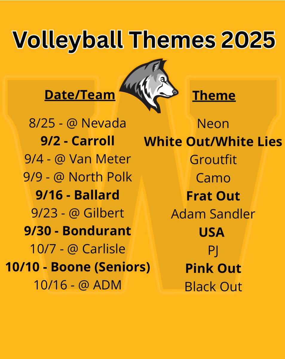 2025 VOLLEYBALL STUDENT SECTION THEMES!! Show out at the first home game vs Carroll!! 🖤💛