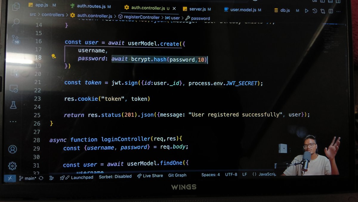 devidasarse25's tweet photo. 📅 Day 2 — Insta Lite + AI 🚀
✅ Password hashing (bcryptjs) 🔐
✅ APIs structured into controllers
✅ Learned clean code > messy code
Next: JWT route protection + media upload 📸
Mentors: Ankur Prajapati &amp; Harsh Sharma 🙌
#BuildInPublic #BackendDev #AI https://t.co/C0VzFMLHOR