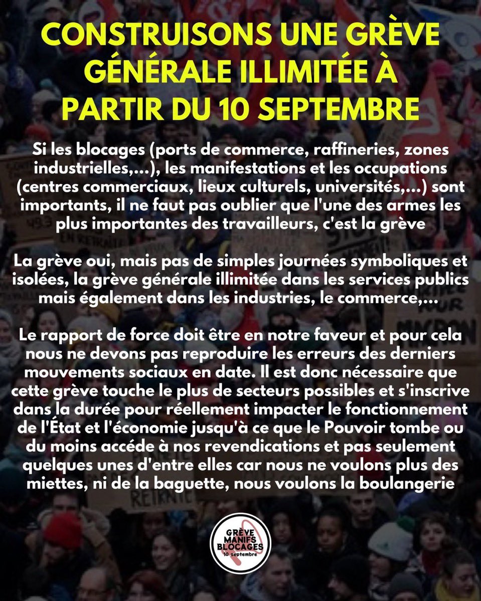 LeDirectInfo's tweet photo. ALERTE : Un appel à la grève générale illimitée à partir du 10 septembre

Si les blocages, manifestations sont importants il ne faut pas oublier que l'une des armes importantes des travailleurs, c'est la grève

À vous de relayer l’info et de faire en sorte de rendre cela possible https://t.co/zGHxfF8QpL