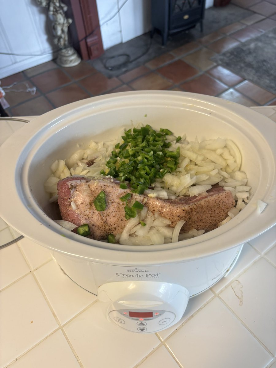 6 pounds of carnitas in the crockpot for the next 8 hours. Rubbed down with salt, pepper, cumin, oregano, olive oil and doused with orange juice. Chopped onion, garlic, and jalapeño. Who wants to come over?