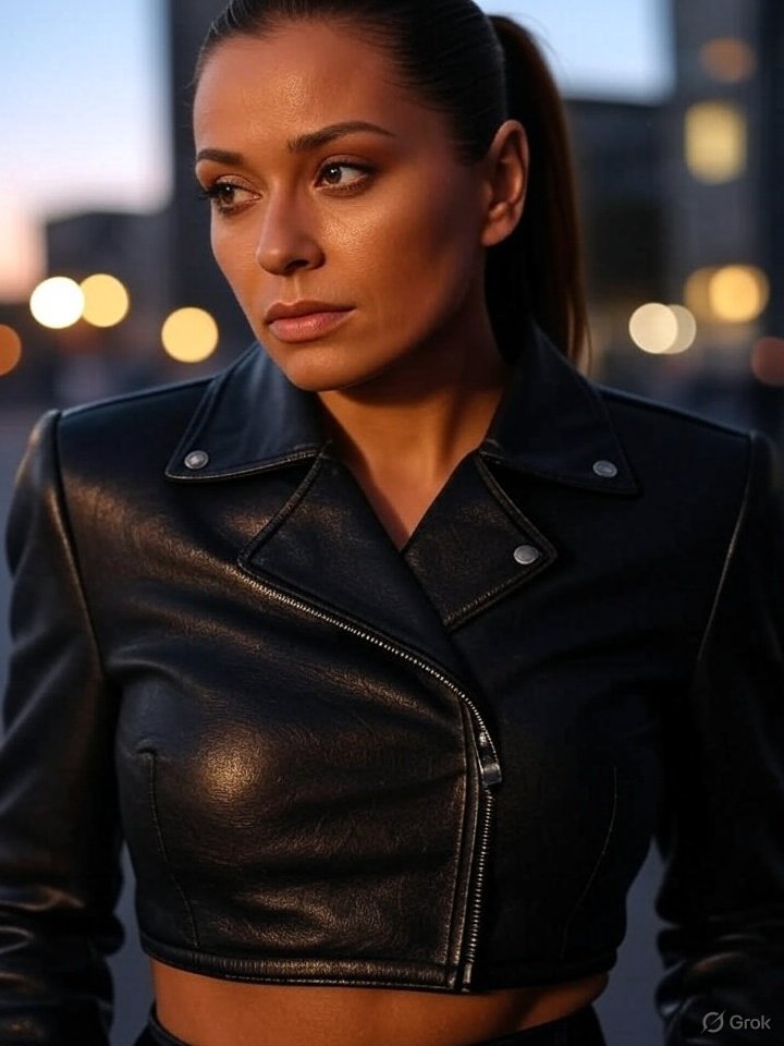 leatherstorage's tweet image. This is an image of a woman wearing a cropped leather jacket.
#GrokAI #GrokImage #LeatherJacket
