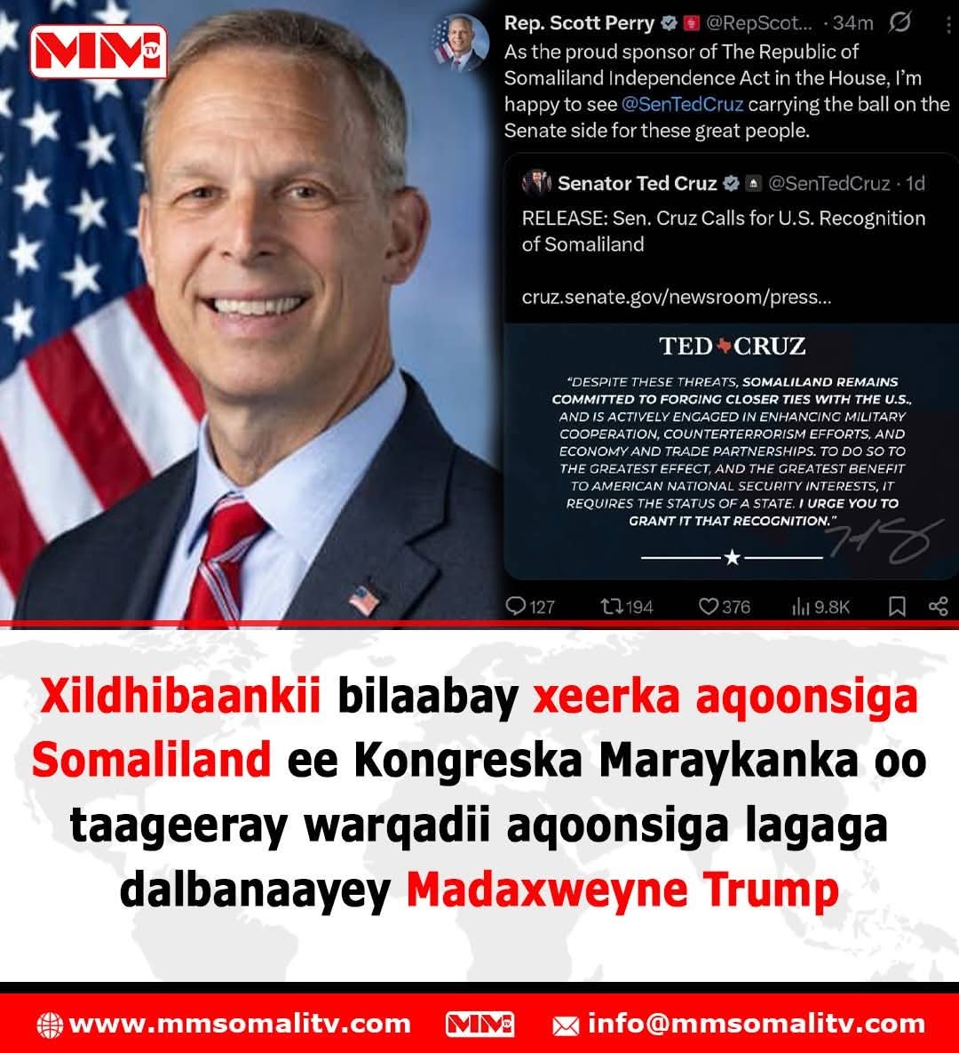 MaxamuudCaliMa3's tweet image. Thank you @RepScottPerry for sacrifices somaliland support the people of Somaliland will be remember forever.  The re-recognition of Somaliland is legal case which based on sovereignty state in 26th June 1960 from Great Britain also U.S was incuded 35 countries recognised.
