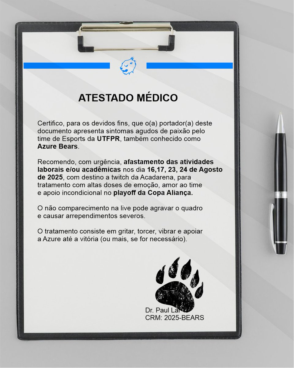 Atestado Médico Oficial 📋

Dias 16, 17, 23 e 24/08: afastamento imediato das atividades.

💊 Tratamento:
✅ Emoção
✅ Gritos e vibrações
✅ Apoio total no playoff da Copa Aliança

📺 twitch.tv/acadarenabr

#GOAZURE 💙🐻‍❄️