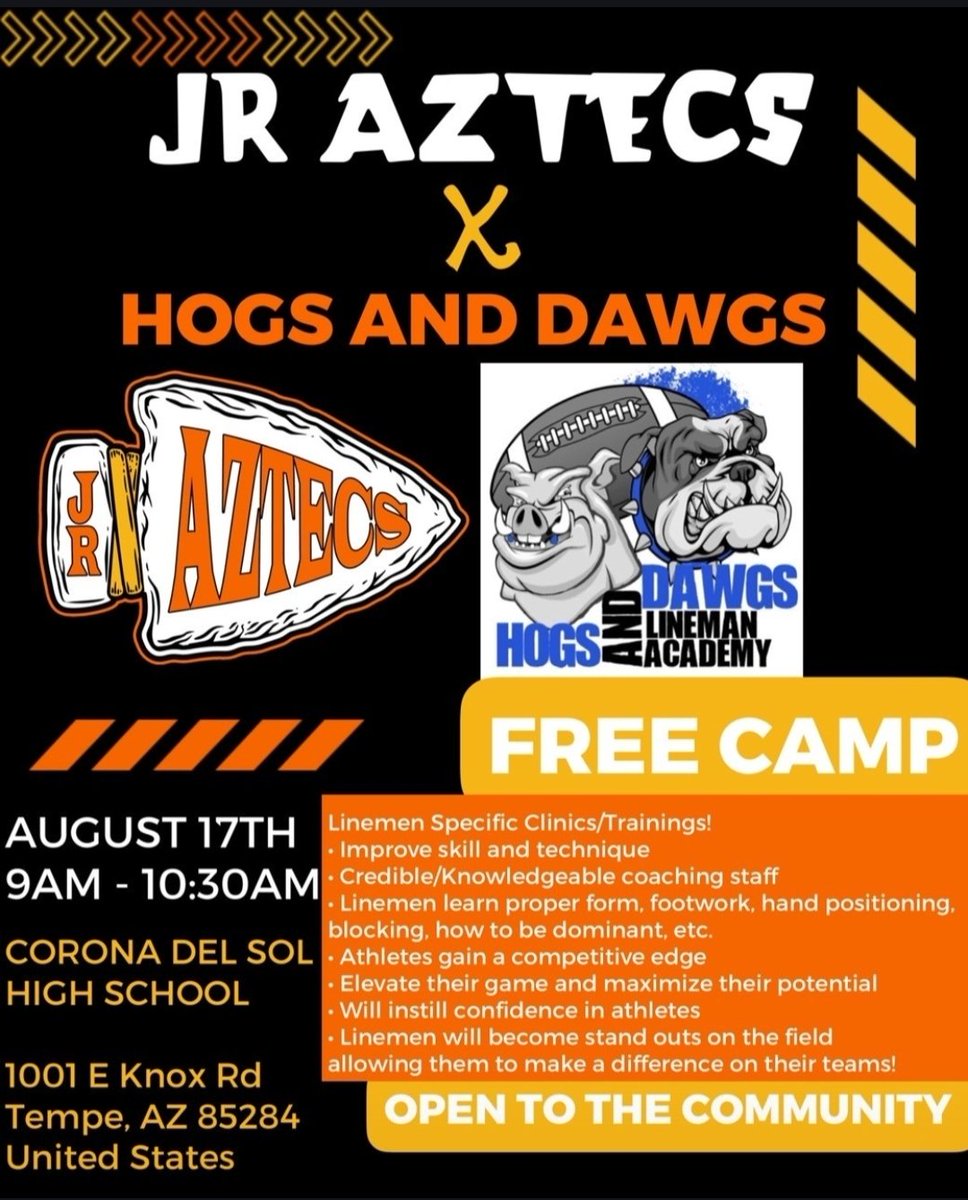 rocademus's tweet photo. Great opportunity for your student athlete to get some FREE work in!
Camps are for both linemen and skills.
#tribebusiness
#jraztecs https://t.co/X5sjPBxuAl