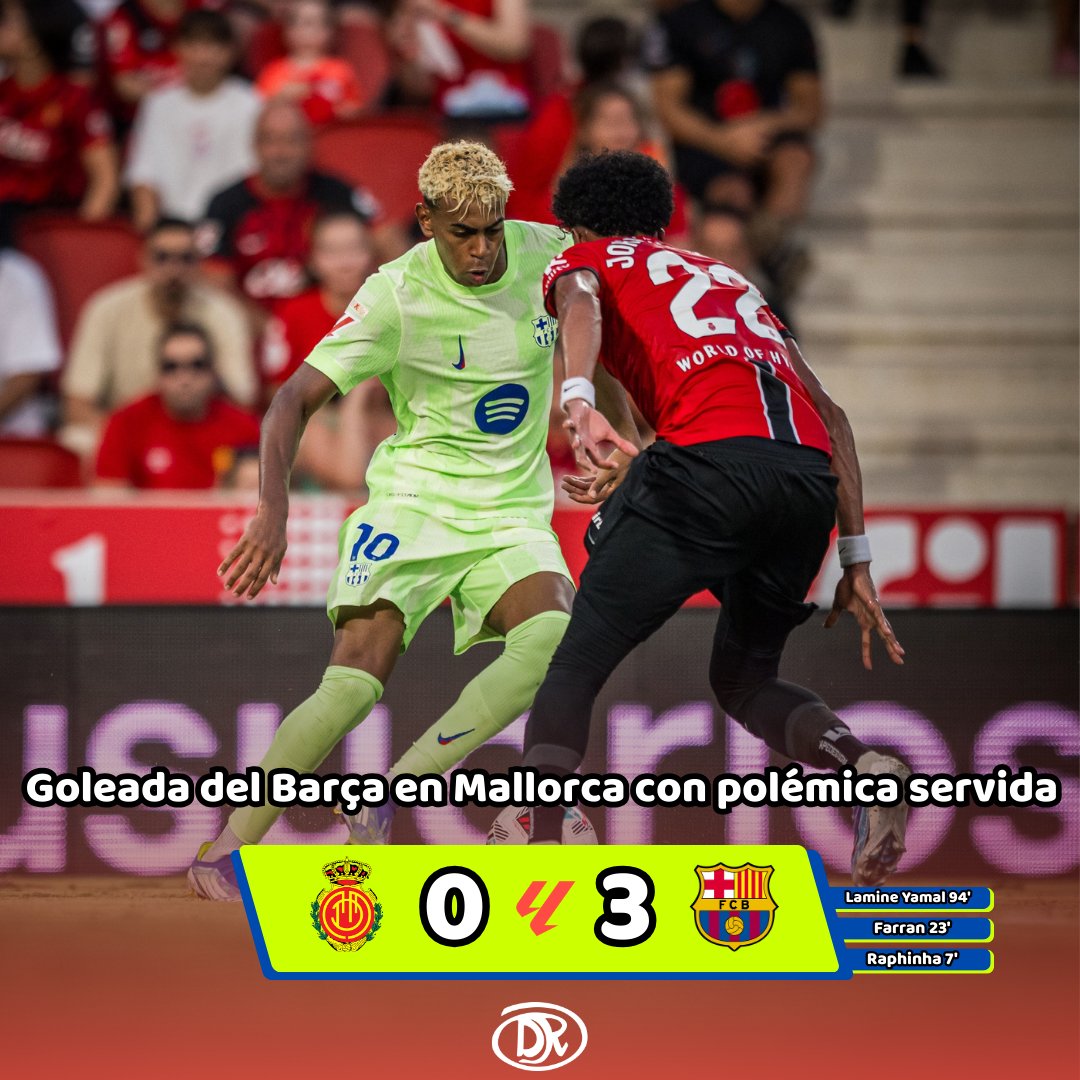 derebotee's tweet photo. El @FCBarcelona_es  golea al @RCD_Mallorca en Son Moix (0-3).

✅Hay polémica servida: el arbitraje de Munuera Montero está en entredicho después de que no haya detenido el juego con Raillo en el suelo. Mientras, Ferrán Torres marcó un gol.

#laliga #MallorcaBarça #jornada1 https://t.co/pqjfeMPL1V