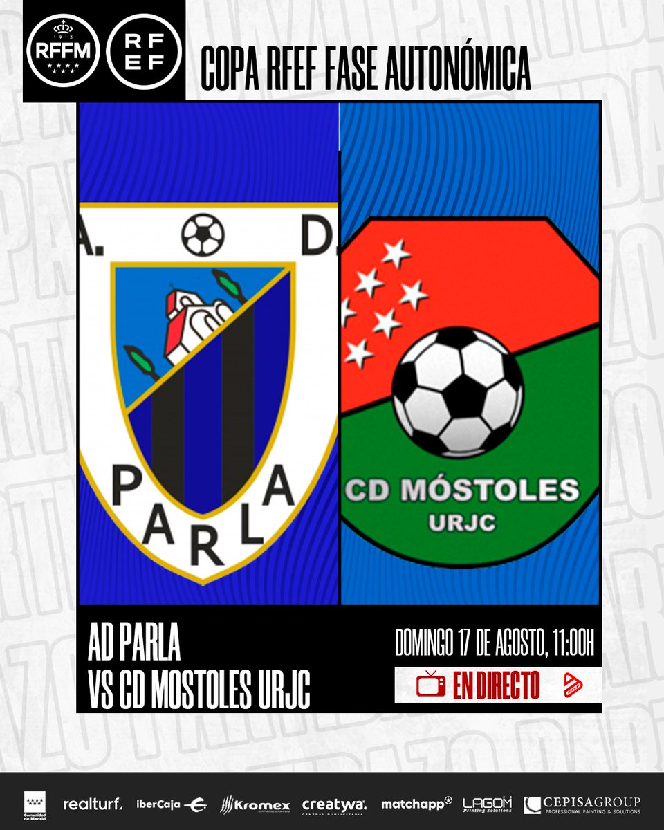 🏆 COPA FEDERACIÓN <a href="/rfef/">RFEF</a>

Mañana vuelve el Fútbol a 📺 RFFM PLAY 👇🏻 

📌 FASE AUTONÓMICA RFFM
📅 GRUPO 🅱️ / JORNADA 2️⃣ 
⏱️ 2️⃣0️⃣:0️⃣0️⃣h
⚫ <a href="/adparla/">Agrupación Deportiva Parla</a> 🆚 <a href="/CDMostoles/">CD Móstoles URJC</a>

¡No te lo pierdas! 

🔗 youtube.com/live/E2_NtAZ6a…