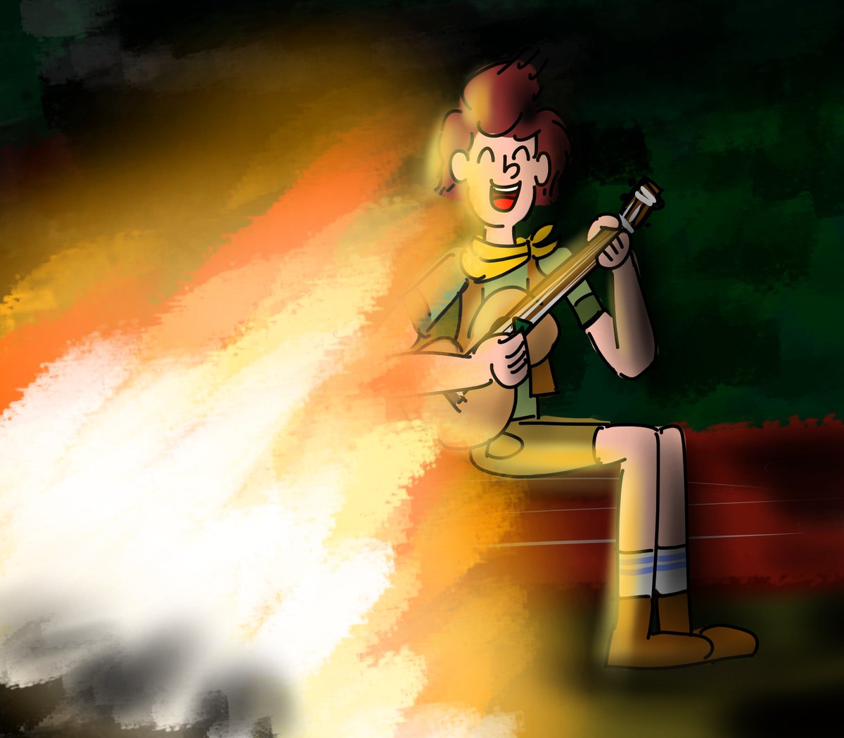 FiredogStu8's tweet photo. David playing music by a raging fire.

But the fire is closer to the viewer, at a safe distance. Cos the lighting looks cooler

#campcamp #ccdavid #artshare https://t.co/SjqWjP4tk5