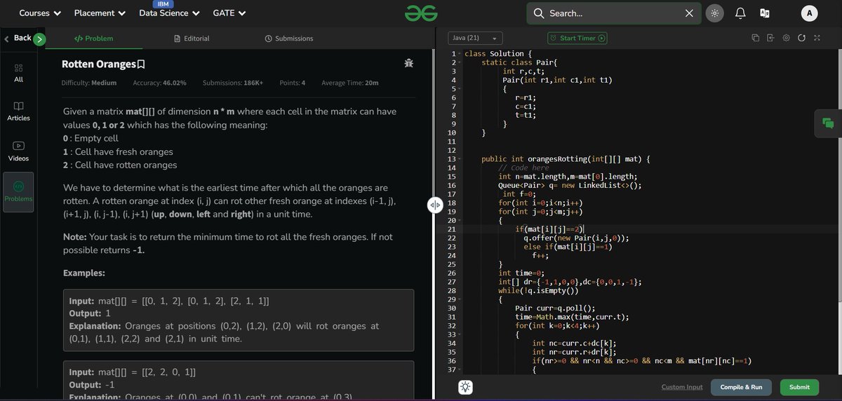 arup_jy's tweet photo. 🚀 Day 140 of #100DaysOfCode
Solved the Rotten Oranges  problem using BFS:
Multi-source BFS from all rotten oranges
Spread rot to neighbors in unit time
Track max time using cur.t
If fresh remain → return -1

#Java #DSA #Coding #gfg160 #geekstreak2025 https://t.co/txVbx3icBX