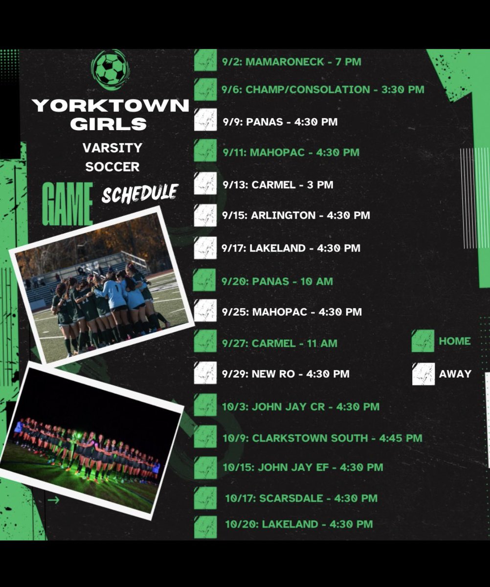 YtownGVS's tweet photo. Yorktown Girls Varsity Soccer 2025 Schedule 🌽⚽️ 💚 
Let’s pack the stands and cheer them on! 🌽 ⚽️ 💚 https://t.co/Zvk6Giv7G2
