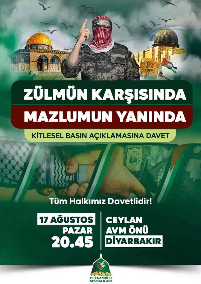 "Çıldırtan bu sessizliği boz, meydanlara in"

Zulmün karşısında Mazlumun yanında yer alma adına Vakfımızın düzenleyeceği kitlesel basın açıklaması programına Kadın erkek, Yaşlı genç tüm halkımızı davet ediyoruz

Tarih: 17 Ağustos Pazar 
Saat: 20.45
Yer: Ceylan Karavil AVM önü