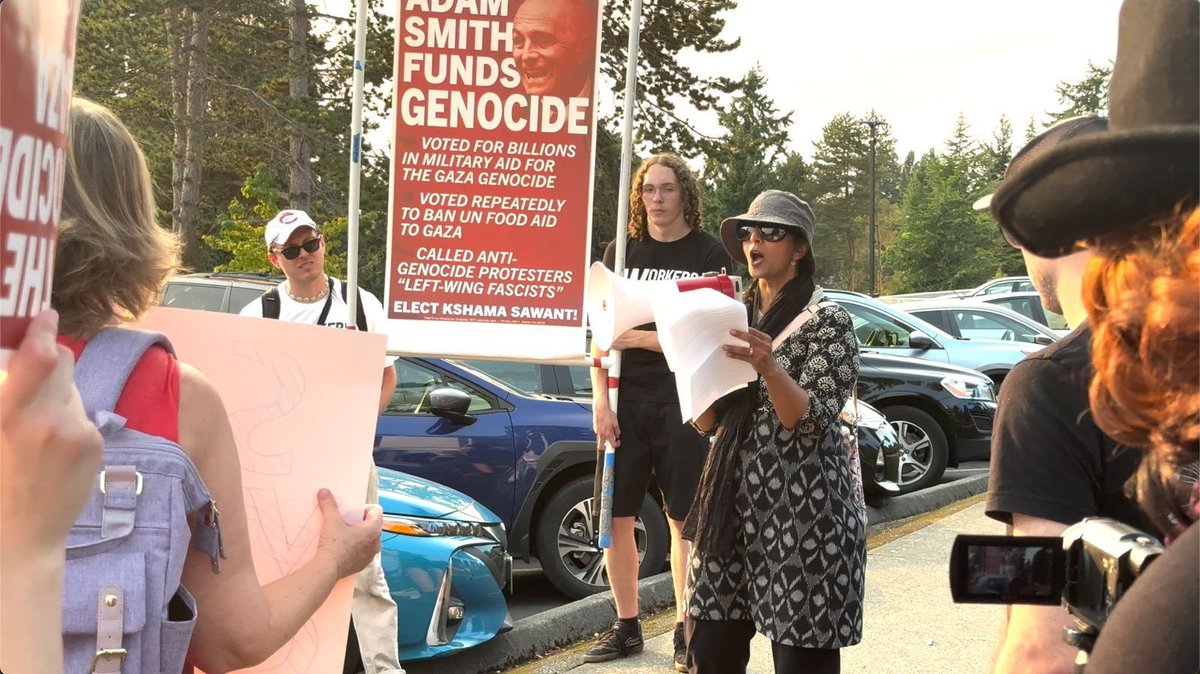 wrkrsstrikeback's tweet photo. Join us for the monthly Kshama for Congress MEGACANVASS!

Tomorrow
SUN AUG 17th at 1pm in Seattle's Pratt Park 
1800 S Jackson St.

RSVP here: https://t.co/MhIEtraSK7

Build the nation's strongest independent, anti-genocide, pro-worker campaign. Help us defeat genocidal Democrat Adam Smith and elect an anti-genocide pro-worker socialist.

In the last 48 hours, the Israeli government has killed at least 21 Palestinians in Gaza, including an airstrike that killed a 1-½ year old boy and injured most of his family members. More than 200 Palestinians have now died of hunger, including at least 100 children, amid a worsening famine. The only fully functional hospital in South Gaza, Nasser, has been flooded with raw sewage water following more Israeli airstrikes and has been unable to be repaired due to Israeli soldiers blocking the sewer lines. The scale of devastation in Palestine is unimaginable and has only been possible due to the two parties of U.S. imperialism, the Democrats and Republicans, greenlighting tens of billions of dollars for this genocide.

Kshama’s opponent, warmongering Democrat Adam Smith, is a general among the warhawks. Smith has voted repeatedly to fund the genocide in Gaza and to ban funds from the United Nations' food distribution in Gaza, directly contributing to the mass starvation.

As Gaza starves thanks to his actions, this week, Smith hosted a "Taste of the 9th" fundraiser, where Smith told his invitees to "come hungry." 

Kshama and dozens of other Workers Strike Back members and antiwar activists protested outside the fundraiser. We banged on pots and pans and chanted: "Adam Smith, you can't hide, you are funding genocide!"

Join us tomorrow, SUN AUG 17th at 1 pm at Seattle's Pratt Park to build the movement to end the genocide & starvation in Gaza, end all U.S. military funding to Israel, end the brutal Israeli occupation, stop the deportations, win free healthcare for all funded by taxing the rich, and win national rent control. Defeat warmongering Democrat Adam Smith and send Kshama Sawant to U.S. Congress!