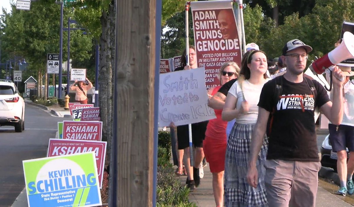 wrkrsstrikeback's tweet photo. Join us for the monthly Kshama for Congress MEGACANVASS!

Tomorrow
SUN AUG 17th at 1pm in Seattle's Pratt Park 
1800 S Jackson St.

RSVP here: https://t.co/MhIEtraSK7

Build the nation's strongest independent, anti-genocide, pro-worker campaign. Help us defeat genocidal Democrat Adam Smith and elect an anti-genocide pro-worker socialist.

In the last 48 hours, the Israeli government has killed at least 21 Palestinians in Gaza, including an airstrike that killed a 1-½ year old boy and injured most of his family members. More than 200 Palestinians have now died of hunger, including at least 100 children, amid a worsening famine. The only fully functional hospital in South Gaza, Nasser, has been flooded with raw sewage water following more Israeli airstrikes and has been unable to be repaired due to Israeli soldiers blocking the sewer lines. The scale of devastation in Palestine is unimaginable and has only been possible due to the two parties of U.S. imperialism, the Democrats and Republicans, greenlighting tens of billions of dollars for this genocide.

Kshama’s opponent, warmongering Democrat Adam Smith, is a general among the warhawks. Smith has voted repeatedly to fund the genocide in Gaza and to ban funds from the United Nations' food distribution in Gaza, directly contributing to the mass starvation.

As Gaza starves thanks to his actions, this week, Smith hosted a "Taste of the 9th" fundraiser, where Smith told his invitees to "come hungry." 

Kshama and dozens of other Workers Strike Back members and antiwar activists protested outside the fundraiser. We banged on pots and pans and chanted: "Adam Smith, you can't hide, you are funding genocide!"

Join us tomorrow, SUN AUG 17th at 1 pm at Seattle's Pratt Park to build the movement to end the genocide & starvation in Gaza, end all U.S. military funding to Israel, end the brutal Israeli occupation, stop the deportations, win free healthcare for all funded by taxing the rich, and win national rent control. Defeat warmongering Democrat Adam Smith and send Kshama Sawant to U.S. Congress!