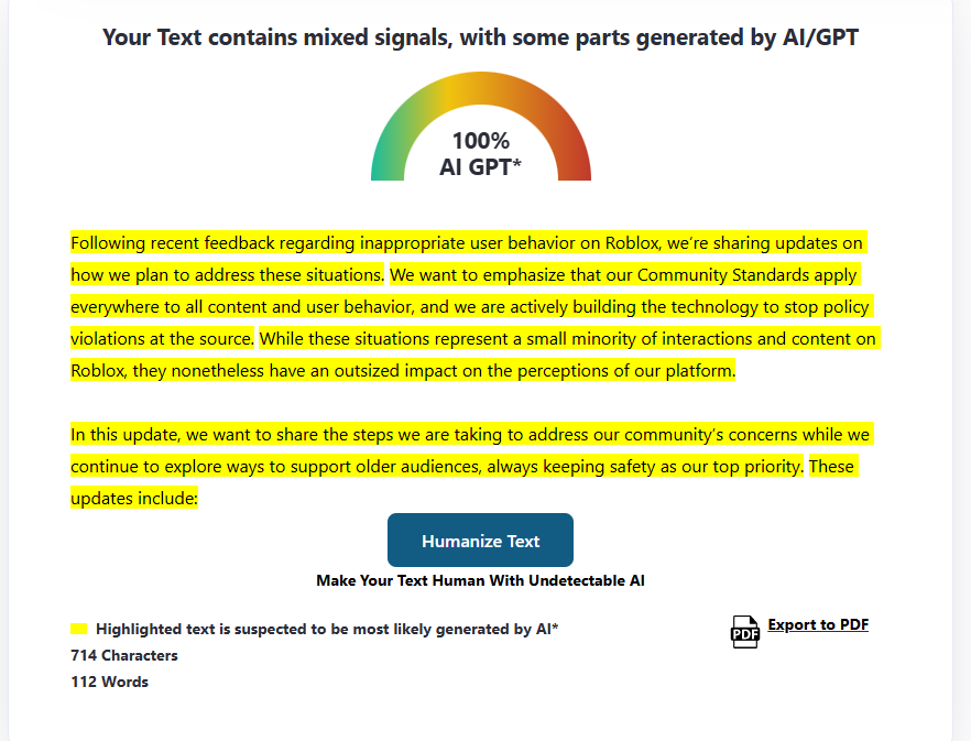 ObscureDevv's tweet photo. Even a AI Dectector is saying that Roblox's newest DevFourm post on the Safety changes is AI.

#FreeSchelp #Roblox https://t.co/D5SGd9u23K