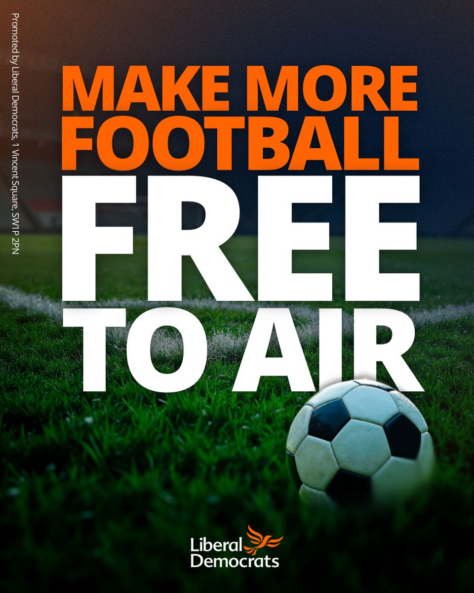 LibDems's tweet photo. Our plans for more Premier League games to be free-to-air were blocked once – but as all football fans know, the new season brings a fresh chance for victory.

That’s why we’ll be bringing back a proposal to Parliament. 

The government has missed an open goal once - surely they won’t do it again.