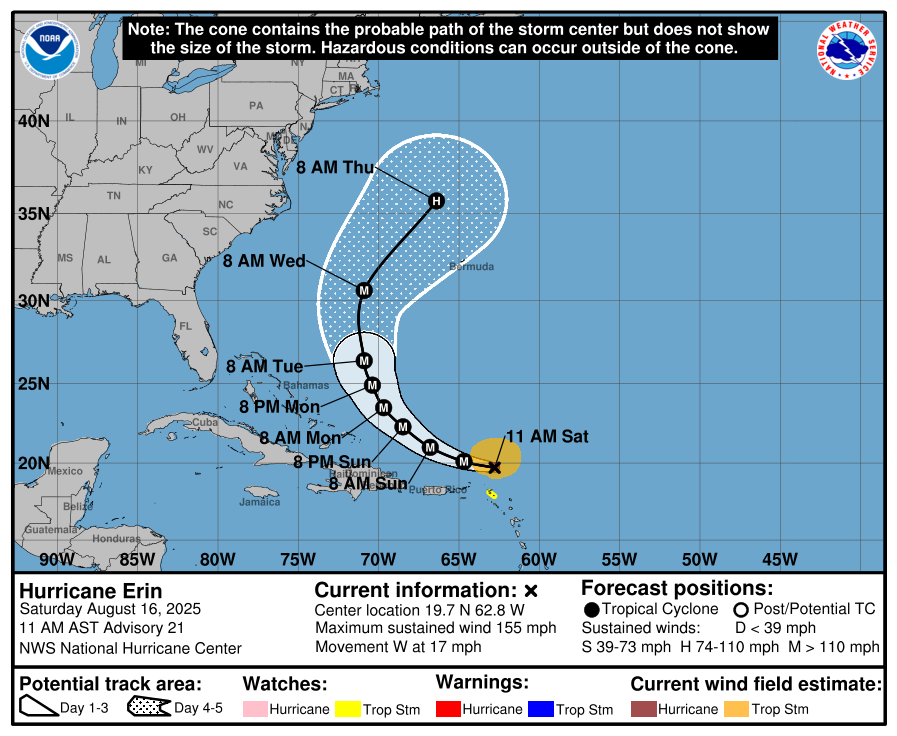 🙏 GOOD NEWS: Forecast models now agree that Hurricane Erin will likely remain over open water — staying away from land, including the U.S. A monster storm at Category 5 strength (160 mph winds), but thankfully tracking offshore. 🌊🌪️

#HurricaneErin #Cat5 #ExtremeWeather