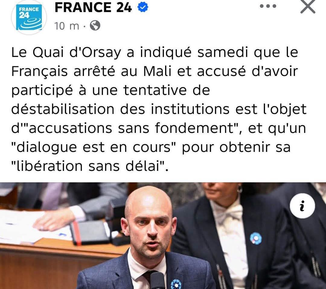 Je veux juste si le Mr est innocent pourquoi la france veut un dialogue pour éclaircir quelque choses ???? En demi mot la france reconnaît les faits que le Mali lui reproche <a href="/afpfr/">Agence France-Presse</a> <a href="/FRANCE24/">FRANCE 24</a> <a href="/JTAtv5monde/">Le journal Afrique TV5MONDE</a> <a href="/sergedanielinfo/">Serge Daniel</a> <a href="/NCI_Television/">NCI - Nouvelle Chaîne Ivoirienne</a>