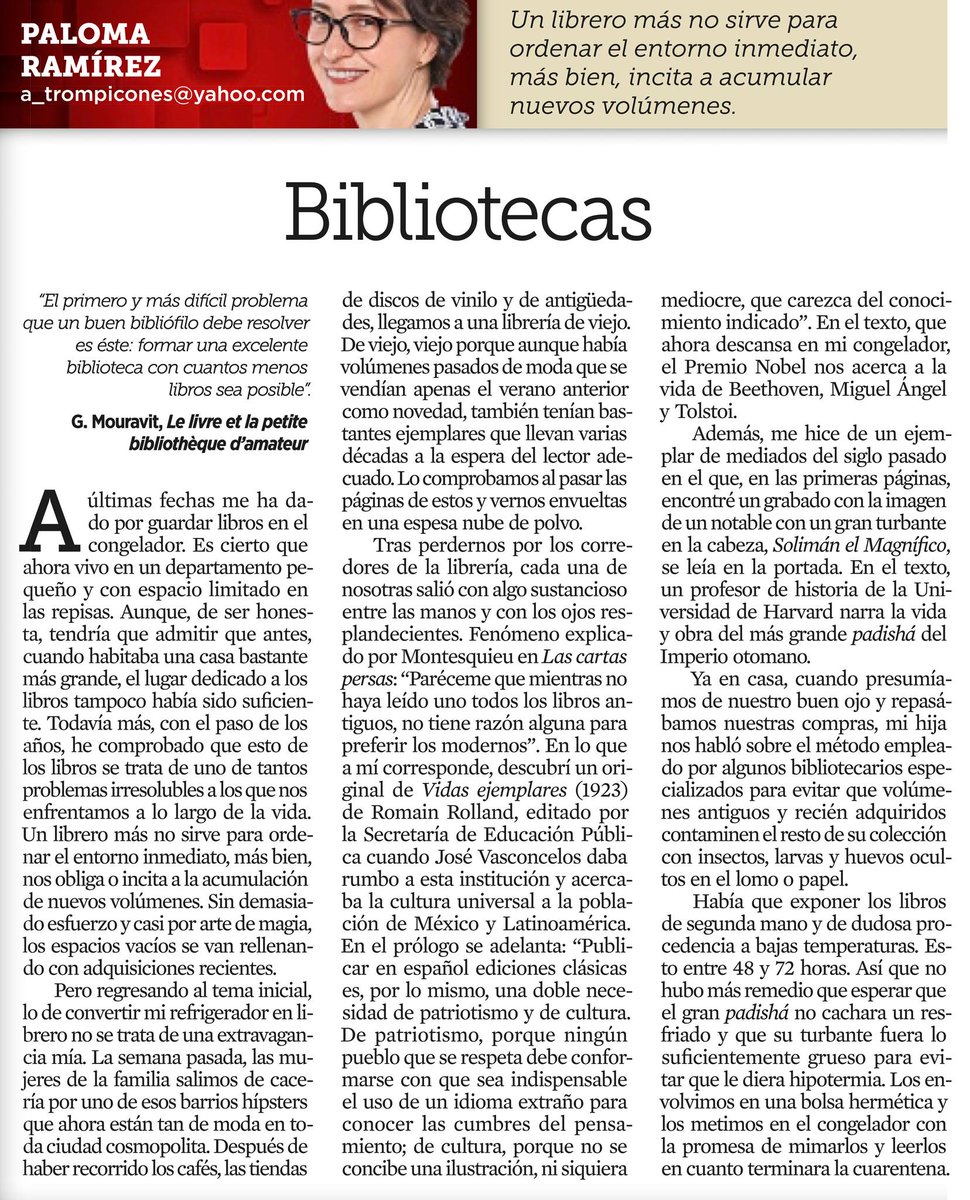 Una librería de viejo, Montesquieu, Vasconcelos y un libro que terminó en cuarentena dentro del congelador.

En El Mural, #Paloma_Ramírez escribe sobre la pasión (y manía) de los libros.

📍Bibliotecas

#Libros #Bibliotecas #Crónica