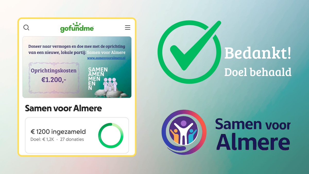 Trots op #Almere! Onze doneeractie, wat bedoeld is voor de oprichting van onze nieuwe partij, is succesvol afgerond. Blijf ons steunen! En doe mee. Heb je de financiële middelen niet? Dan hoef je de contributie niet te betalen! samenvooralmere.nl/word-lid/
#samenvooralmere