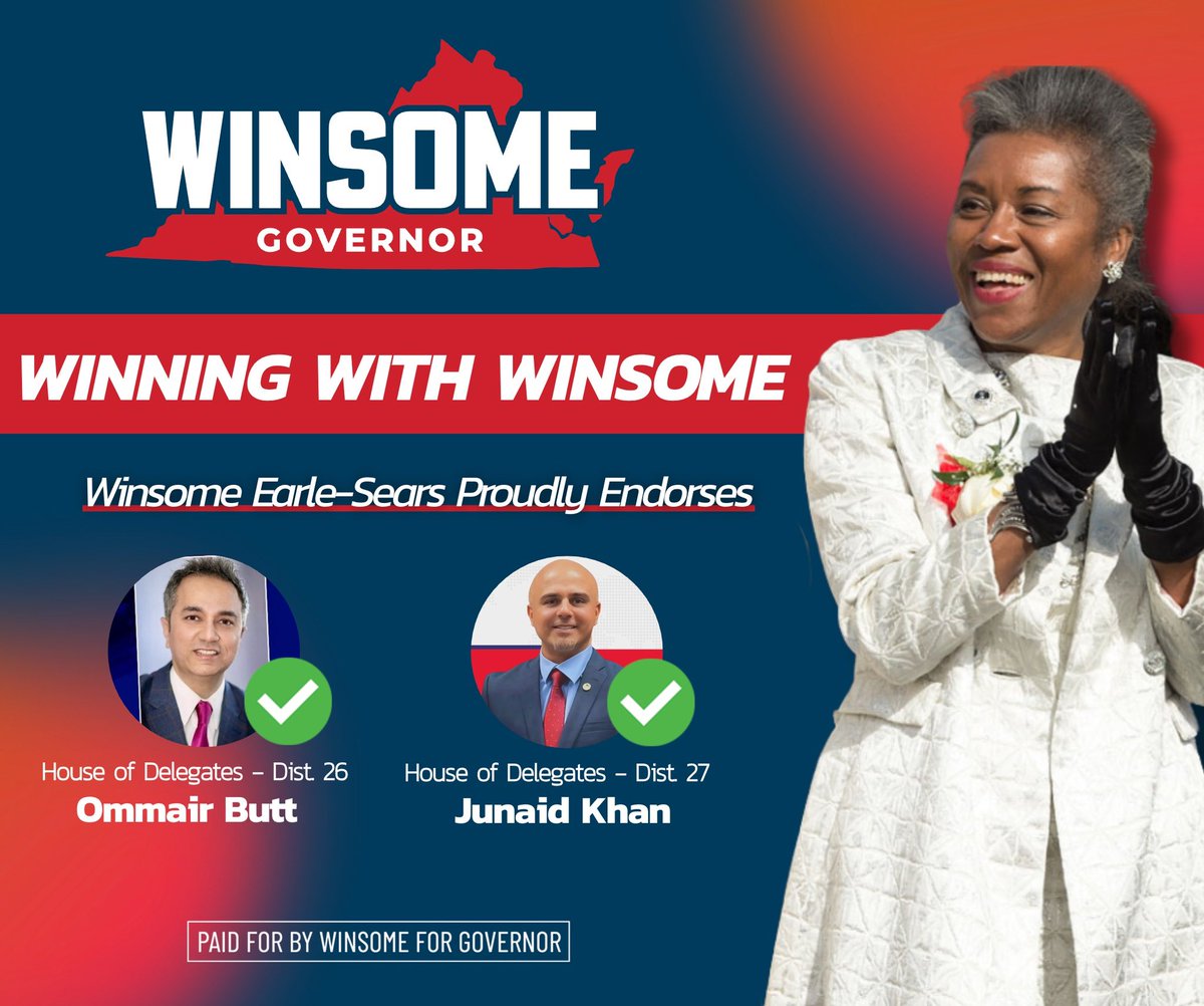 Winsome Earle-Sears (@winwithwinsome) on Twitter photo Virginia needs commonsense, conservative leadership at all levels of government. We need to win our House of Delegates races, and <a href="/Ommair4VA/">Ommair Butt 🇺🇸</a> and <a href="/Junaid4VA/">Junaid Khan</a> will be strong voices of reason in Richmond! Virginia needs commonsense, conservative leadership at all levels of government. We need to win our House of Delegates races, and <a href="/Ommair4VA/">Ommair Butt 🇺🇸</a> and <a href="/Junaid4VA/">Junaid Khan</a> will be strong voices of reason in Richmond!