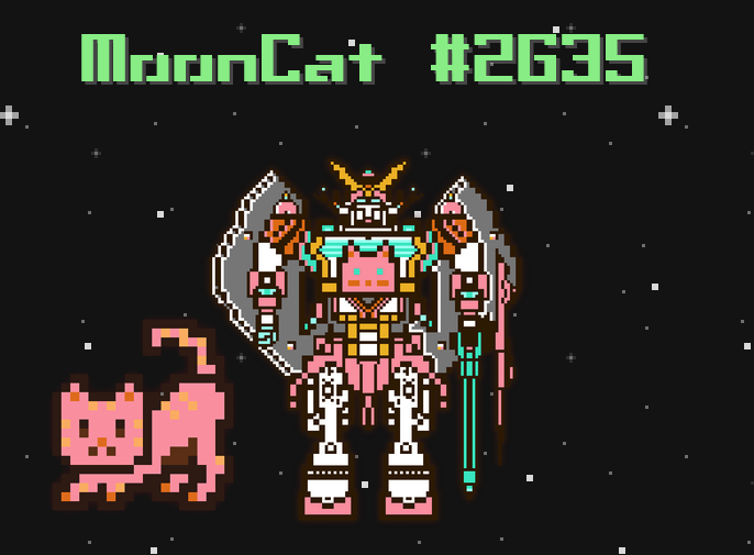 Fellow collector #Mooncat #2635 requested an "Avatar Pack - MC GunMech V1" for his little kitty. Now Mooncat 2635 can fight in the galactic wars and defend the art! 

There is still a limited amount of these 2021 rare #pixelart artifacts. DM's open!