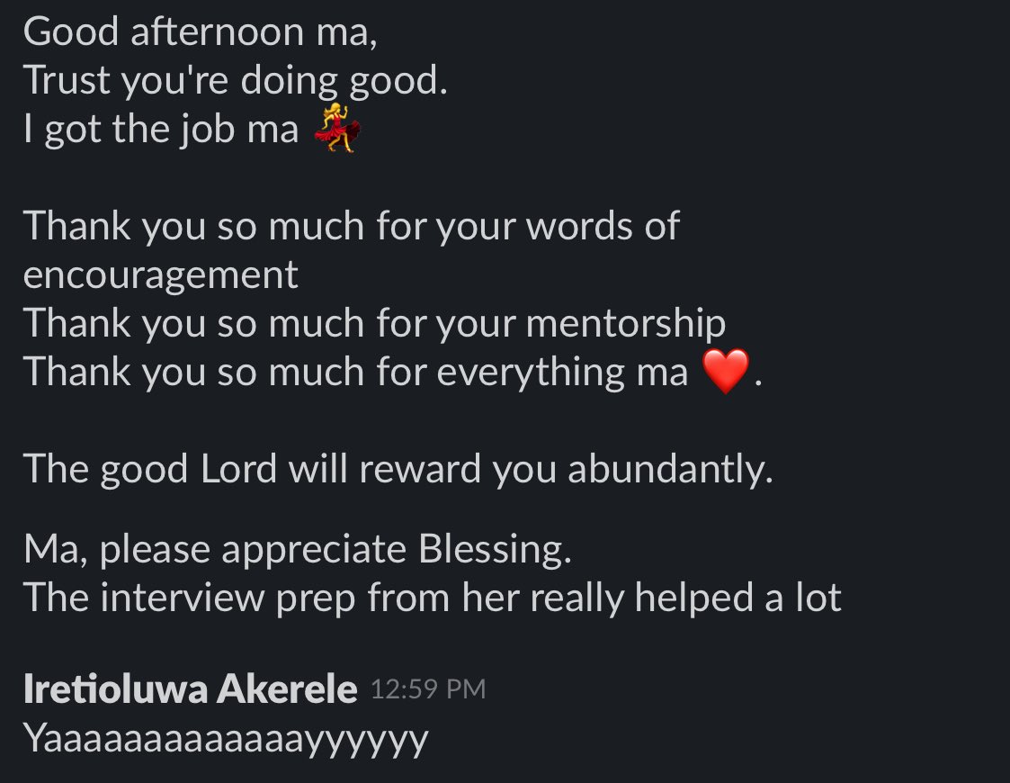 My annual mentorship program cost me time and money, but seeing people get jobs makes it worthwhile. My investment in people is yielding returns 🤍