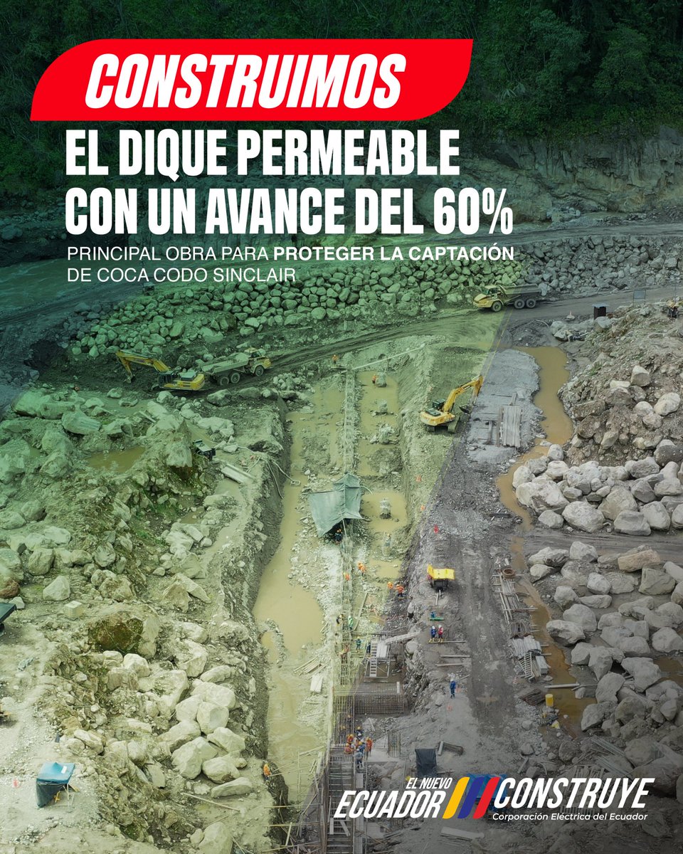 CELECEPOficial's tweet photo. El Dique Permeable reducirá la fuerza del agua del río Coca para evitar que la erosión llegue hasta la captación de Coca Codo Sinclair.
#ElNuevoEcuador https://t.co/f0ogsmInzL
