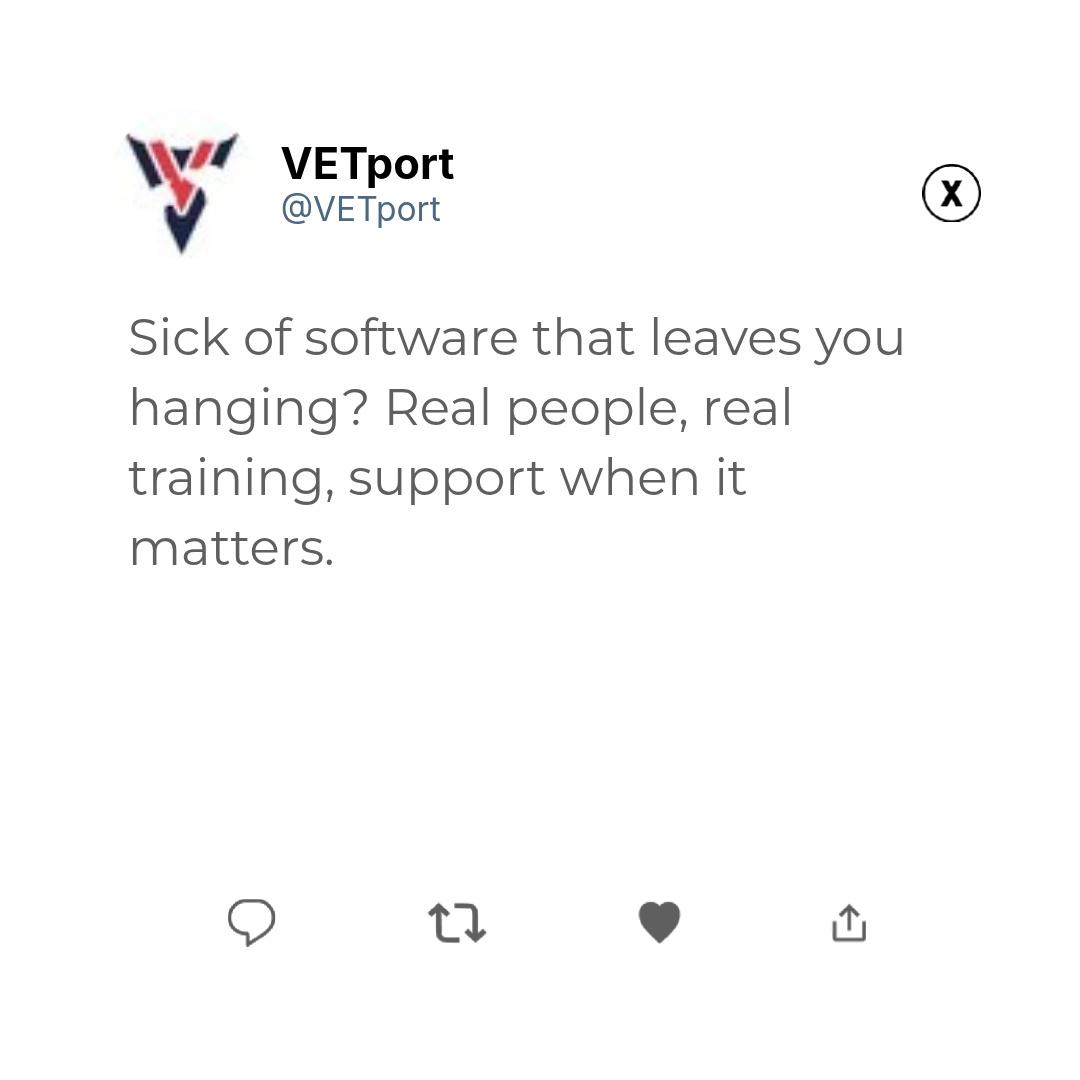 vetport's tweet photo. Your practice deserves more than software—it deserves a partner. With VETport, we offer live workshops, onboarding, and real-time support designed to keep your clinic running smoothly. https://t.co/DqcQK7z1Ea