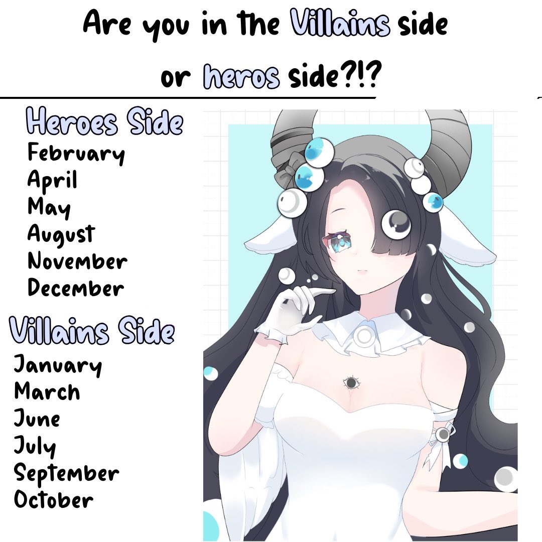 MotherAiapast's tweet photo. Based on your birth month. Are you a Hero or Villain? https://t.co/2j1WWrBfuu