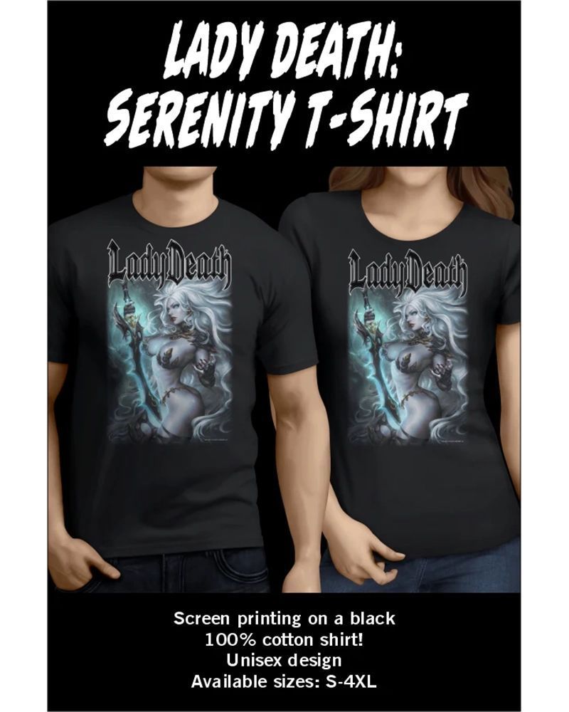 thecoffincomics's tweet image. Coffin Launch Spotlight! ~
Lady Death: Immortal Deception #1
Lady Death: Serenity T-Shirt 

buff.ly/xUiIqGD

#comics #comicsart #ladydeath #newstory