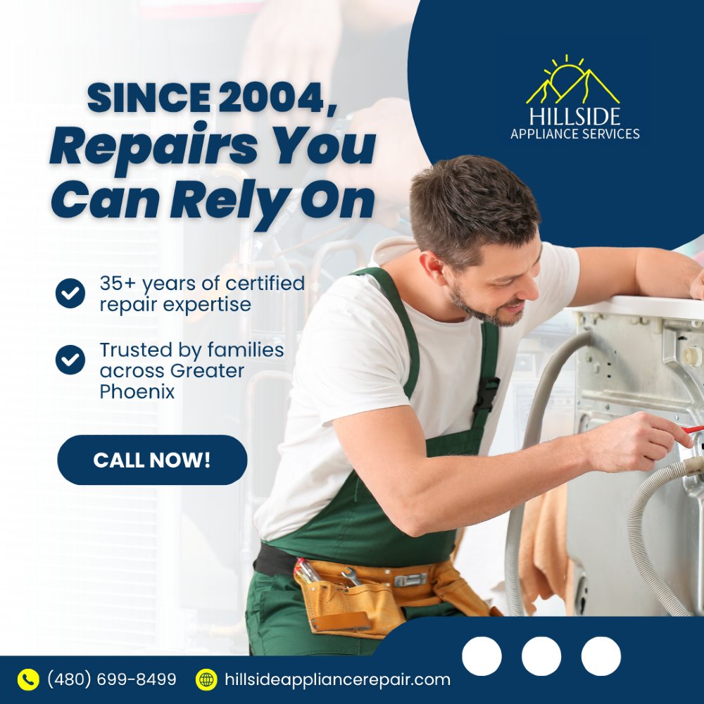 hillsideaz's tweet photo. Since 2004, Hillside Appliance Services has been the trusted choice for fast, professional appliance repair across Greater Phoenix and Scottsdale.

With over 35 years of experience, our factory-trained techs treat every home like their own—because your comfort is our priority.

For repairs done right the first time, visit https://t.co/JoyAFKZ0Ev or call (480) 699-8499.

#PhoenixRepairPros #ScottsdaleTechTeam #ApplianceCareAZ #Since2004 #ValleyHomeHelp #AZHomeExperts