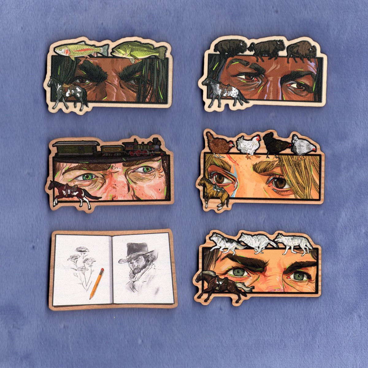 emmabrf's tweet photo. SHOP UPDATE!! New rdr2 things!! Bottlecap pins, new wooden pins, charms, etc.!! All up now on ko-fi! #rdr2 #rdr2fanart 
https://t.co/HY9gFP2cgo https://t.co/jwsSgPAOI7