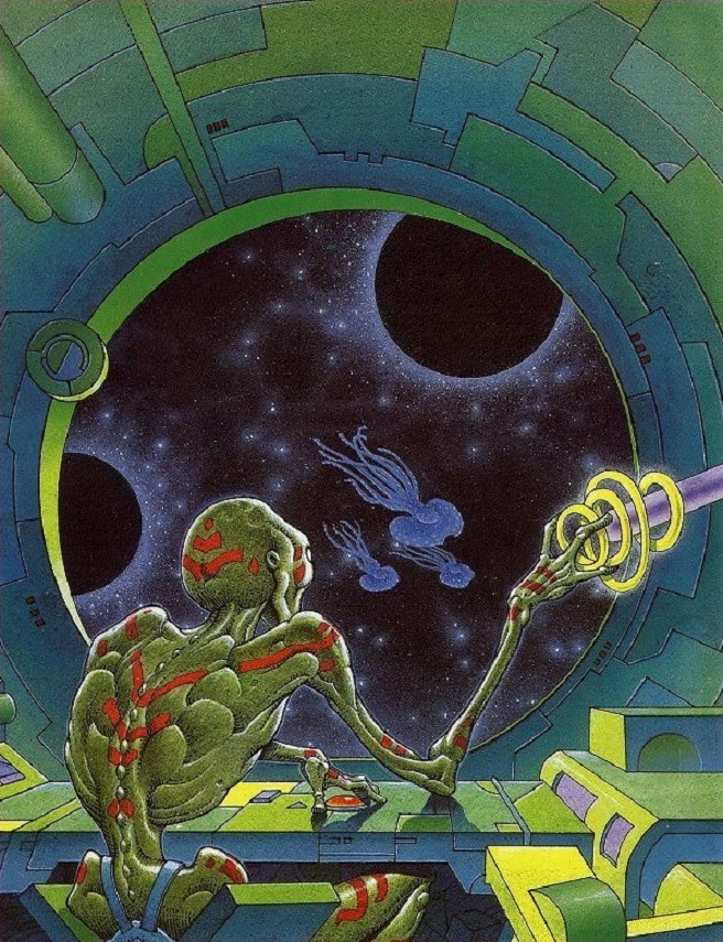 It's Control Panel Saturday! Here's Philippe Caza's 1986 cover to a French translation of Frederik Pohl's "Heechee Rendezvous." Those gold-ring-powered controls are only the third oddest thing here, after the space jellyfish and that bizarre seatbelt.