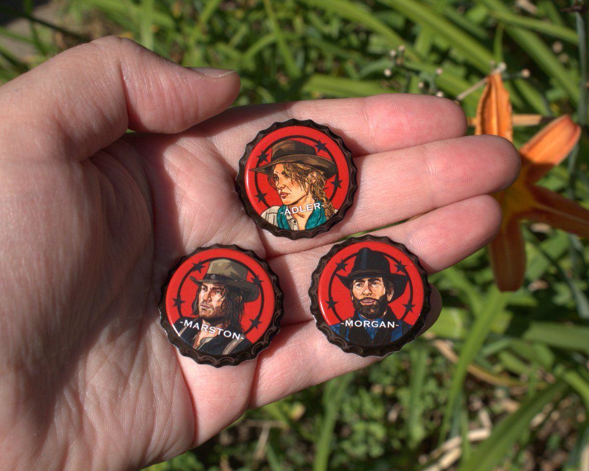 emmabrf's tweet photo. SHOP UPDATE!! New rdr2 things!! Bottlecap pins, new wooden pins, charms, etc.!! All up now on ko-fi! #rdr2 #rdr2fanart 
https://t.co/HY9gFP2cgo https://t.co/jwsSgPAOI7